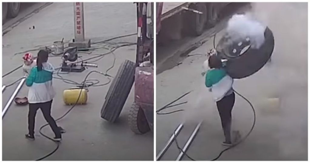 Взорвавшаяся шина отбросила мать с ребенком на руках. ВИДЕО
