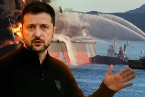 Володимир Зеленський на фоні палаючого танкера в Ормузькій протоці
