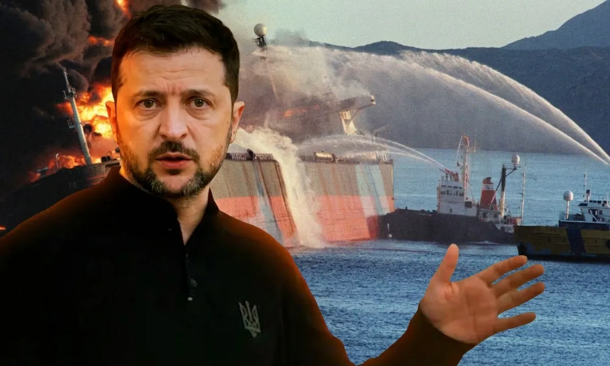 Володимир Зеленський на фоні палаючого танкера в Ормузькій протоці